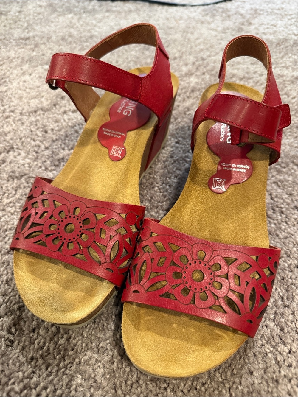 Women’s Red Floral Cutout Wedge Sandals with Adjustable Ankle Strap